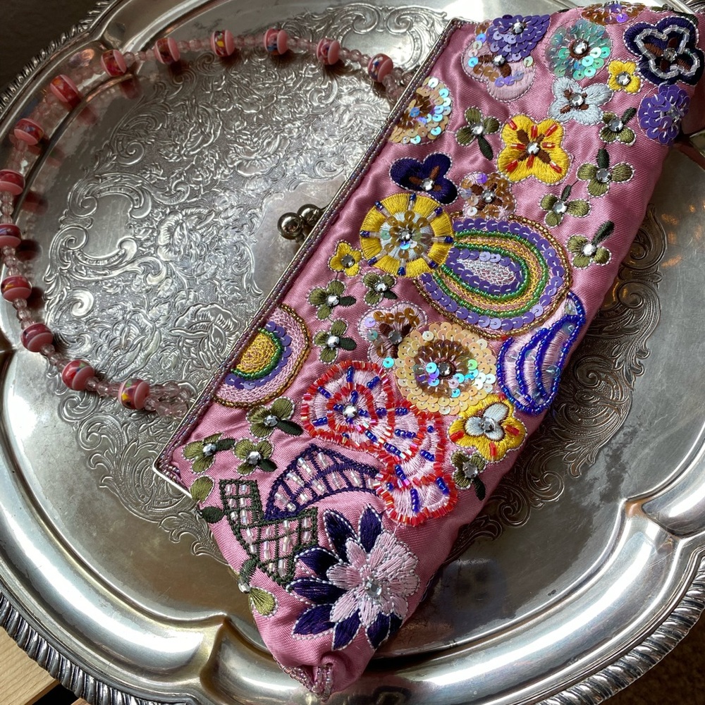 Vintage pink beaded purse from the early 2000s